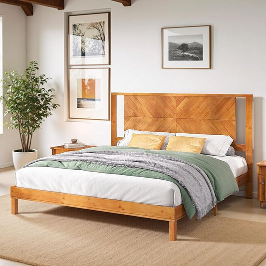 AMERLIFE Solid Wood Queen Size Bed Frame with Headboard, Rustic Style Platform Bed Frame with Under-Bed Storage, No Box Spring Needed, Noise Free, Easy Assembly, Light Brown