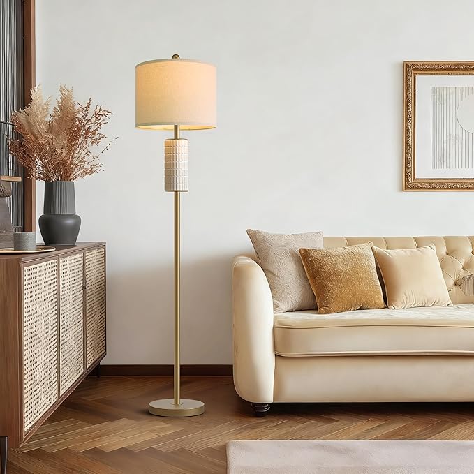 PoKat Antique Gold Ceramic Floor Lamp for Living Room Bedroom, 64" Modern Tall Standing Lamp with Rotary Switch, Traditional Living Room Lamp for Corner, Home Office, Nursery, Warm Gold