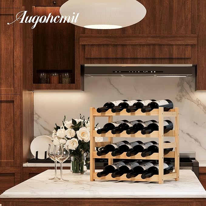 Wine Rack，Bamboo Wine Storage Cabinet Shelf，Countertop Wine Shelf- Freestanding Wine Holder for Kitchen & Pantry (Natural, 4-Tier)