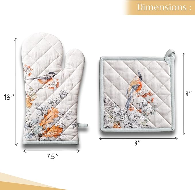 Maison d' Hermine 100% Cotton Oven Mitt & Pot Holder Set (7.5"x13" & 8"x8") Heat Resistant BBQ Cooking Gloves with Loop for Thanksgiving Christmas Decorations Handling Hot Pans (Whitish Shabby Chique)