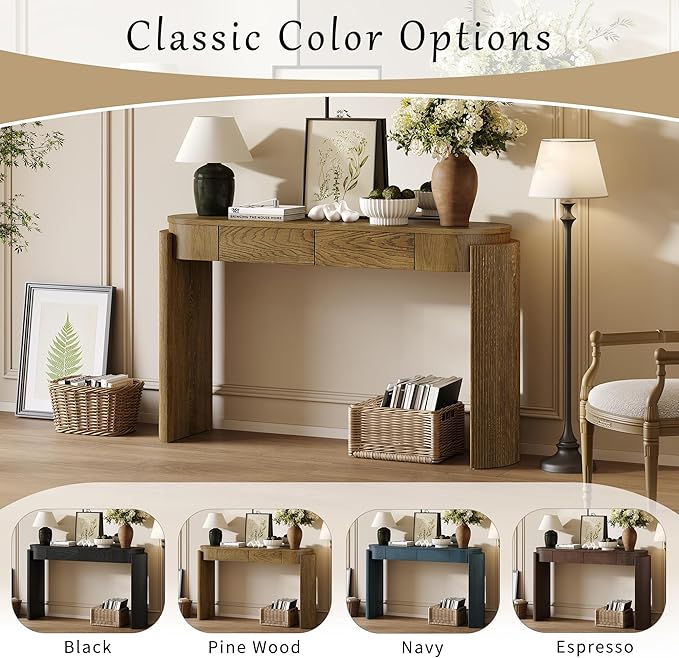 55.1" Entryway Narrow Console Table with Drawers, Oval Top & Fluted Legs, Natural Wood Grain Sofa Table for Hallway, Foyer, Behind Couch, Accent Table for Living Room, Solid Wood + MDF (Natural)