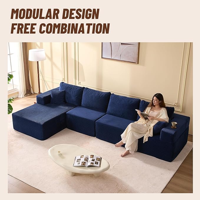 138" Boneless Couch with Deep Seat, Modular Sectional Sofa, Cloud Sectional Couch for Living Room, No Assembly Required, Corduroy, 4 Seater L-Shape Left, Blue
