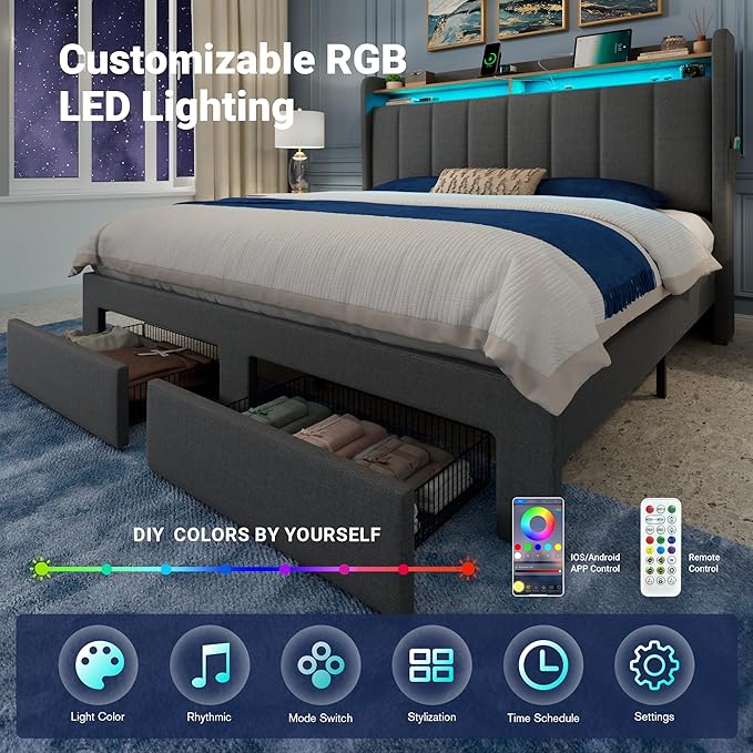 Allewie Vertical Tufted Queen Upholstered Platform Bed Frame with 2-Tier LED Storage Headboard & 2 Storage Drawers, USB & Type-C Charging Ports, Noise-Free/No Box Spring Needed, Dark Grey