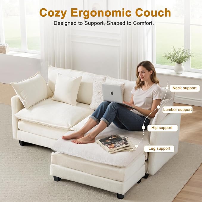 77" Cloud Chenille L-Shaped Sofa with Ottoman | Space-Saving Apartment Couch with 29.1" Deep Seat & Footrest | FSC Certified Solid Wood & Metal Frame | Easy Assembly & 1YR Guarantee