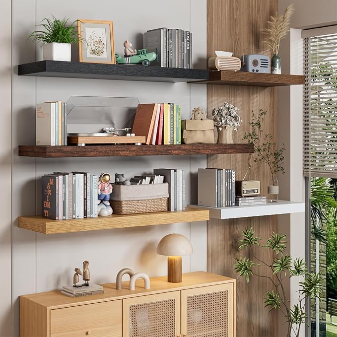 Heimlove 48W x 12D Long Floating Shelf, 12 Inch Deep Floating Shelves for Wall Set of 2, Wood Shelves for Bedroom Living Room Bathroom Kitchen Home Office, Walnut