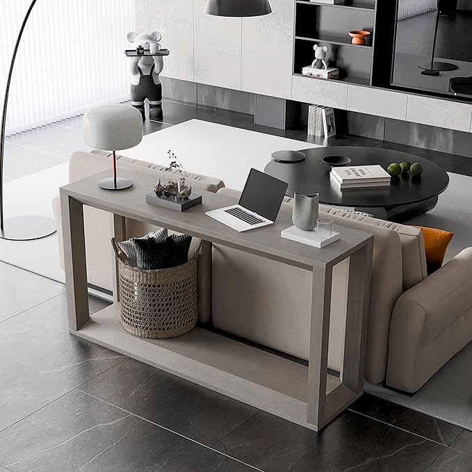 60" Rectangular Solid Wood Veneer Console Table for Entryway, Wide Sofa Table, Behind Couch Table with Ample Storage for Entryway & Living Room, Grey