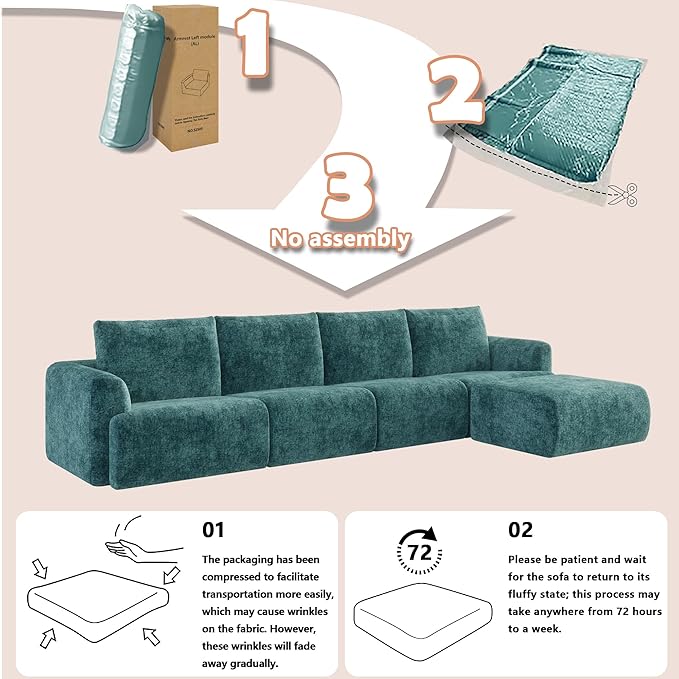 EASE MOOSE Cloud Couch Sectional Sofa, Large L-Shaped Oversized Modular Couch for Living Room, Minimalist Boneless Convertible Couches with Ottoman, 5-Seat Deep Sofas for Bedroom, Chenille (Blue)