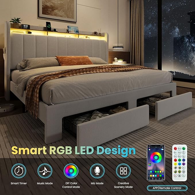 SHA CERLIN Velvet King Size Bed Frame with Vertical Channel Tufted Wingback Headboard & 2 Storage Drawers/2-Tier Shelves with LED Lights & Charging Station/Noise-Free/No Box Spring Needed/White