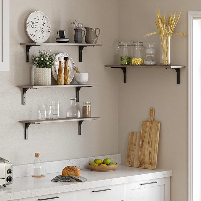 DINZI LVJ Long Wall Shelves, 31.5 Inch Wall Mounted Shelves Set of 2, Easy-to-Install, Floating Storage Ledges with Sturdy Metal Brackets for Living Room, Bathroom, Bedroom, Kitchen, Greige