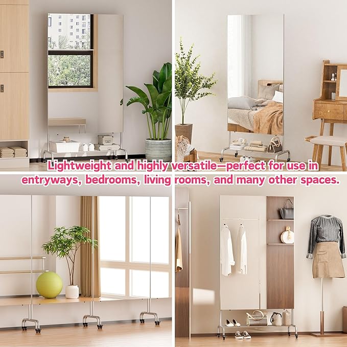 brisafe Home Gym Mirror 360° Swivel on Wheels, 75" X 47" Extra Large Full Body Rolling for Yoga, Nano Film Super Lightweight Unbreakable Full Length Mirror（White）