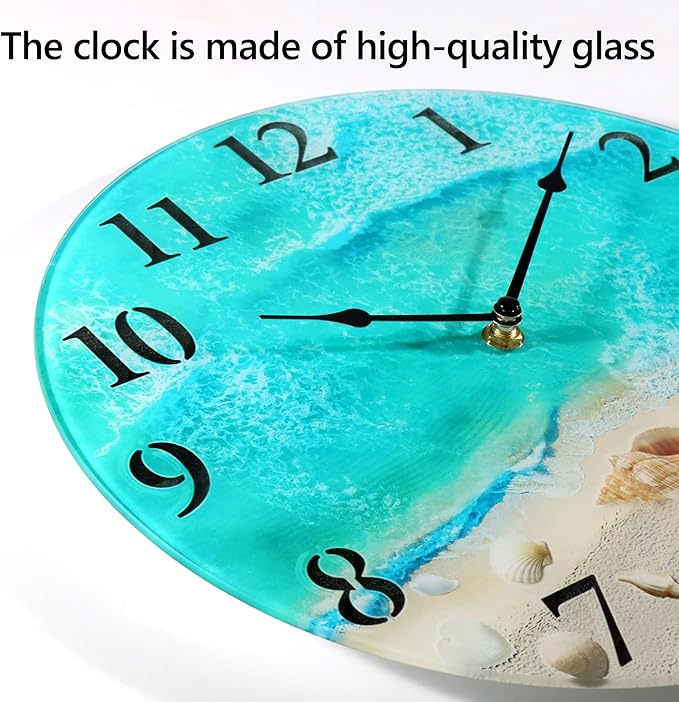 Coastal Nautical Glass Wall Clock with Seashell Design and Aesthetic Beach Theme - Battery Operated Silent Wall Decor for Home, Kitchen, Living Room, Office, Bedroom, or Bathroom (12 Inch,Teal)