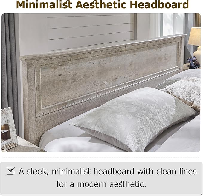 T4TREAM Farmhouse Queen Bed with Headboard and Storage Bench, Rustic Wood Platform Bed with 64" Storage Chest w/ 4 Large Drawer, Light Rustic Oak