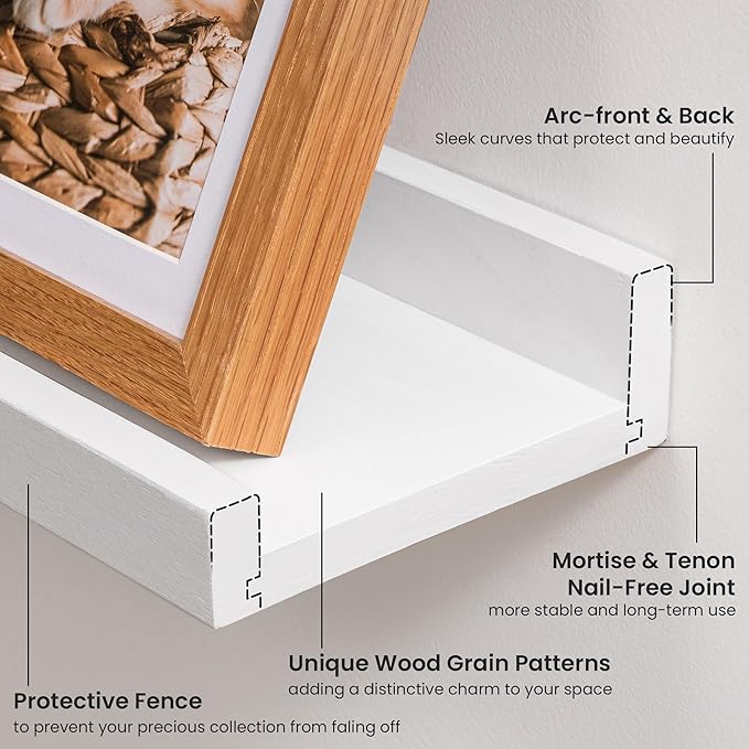 Picture Ledge Shelf, 72 inch Solid Ash Wood Floating Shelves Set of 2, Picture Ledge Ledge Wall Mounted for Living Room Kids' Room Bedroom, Color White