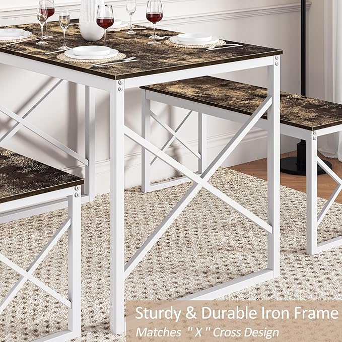 VECELO Kitchen Dining Table Benches Set for 4, 43.3" Wooden Dinette with 2 Benches, Heavy-Duty Dining Room Table for Small Space, Breakfast Nook, Dark Brown