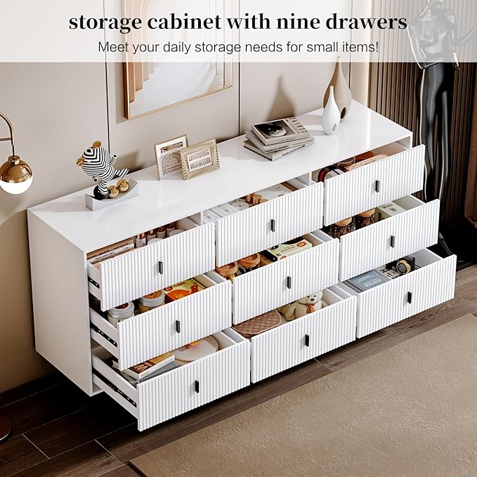 Modern Chest of Drawers with 9 Drawers,Deep Drawers,Clothes Organizer,Large Storage Cabinet for Living Room, Bedroom,Hallway,with Anti-Tipping Device, White