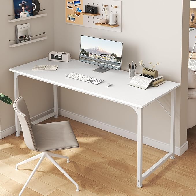 Huuger Computer Desk, 55 Inch Home Office Desk, Gaming Writing Work from Home Study Desk, Large Legroom, Sturdy Metal Frame, Modern Simple, White
