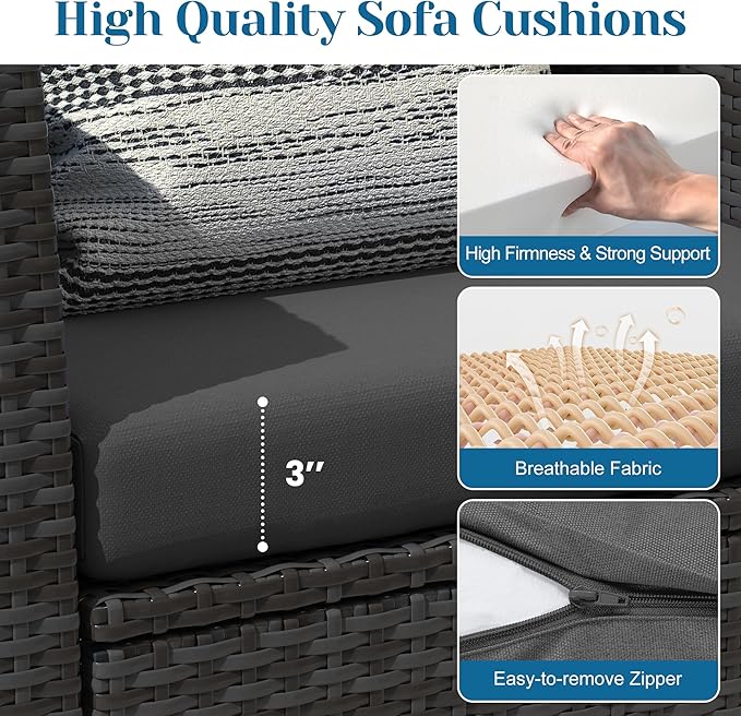 Solaste 4 Piece Outdoor Patio Furniture Set, Outdoor Sectional Sofa with Tempered Glass Coffee Table and Cushions, Wicker Rattan Patio Set for Backyard, Front Porch, Balcony, Black