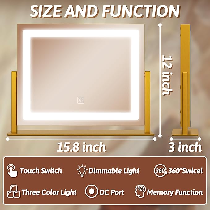 FENNIO Vanity Mirror with Lights, 12" x 16" Lighted Makeup Mirror with Smart Touch Control, 3 Color Modes & Brightness Adjustable, LED Makeup Mirror with 10X Magnification, Square Gold