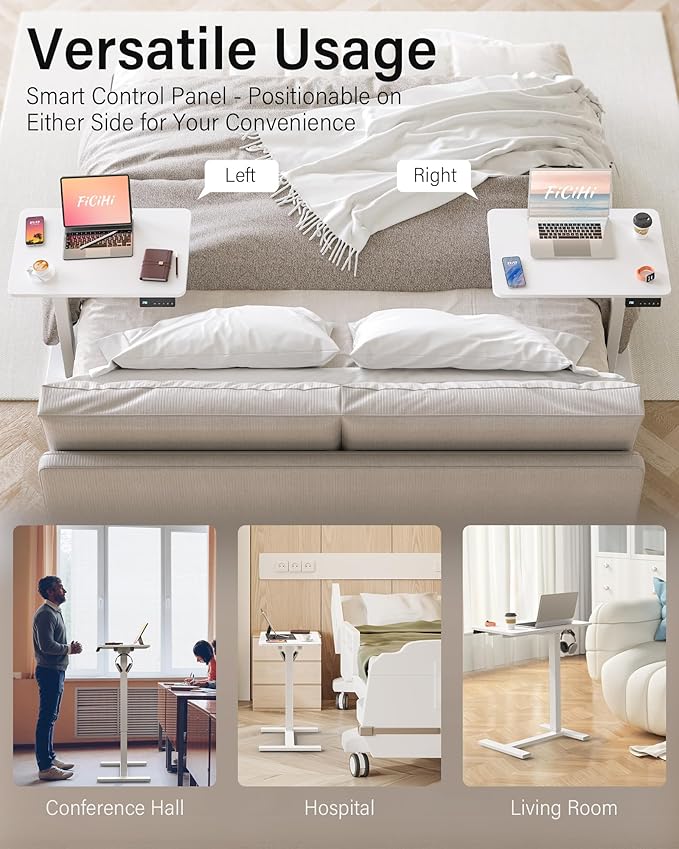 FiCiHi Small Electric Standing Desk - Adjustable Height Bedside Laptop Table with Wheels, Mobile, Portable Rolling Computer Workstation Sit Stand Table for Home Office, Sofa, Couch Use (28x16, White)