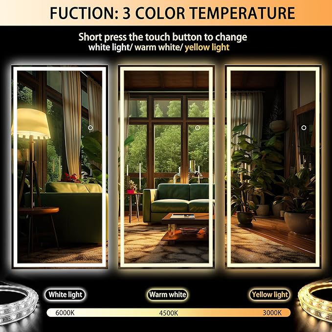 Hasipu Full Length LED Mirror with Lights, 71" x 27.6" Floor Standing or Hanging Mounted, Full Body Dressing Mirror, Dimmable Light, Tempered Glass, Square White