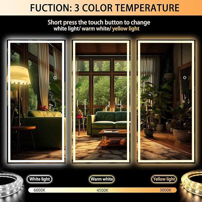 Hasipu Full Length Mirror with Lights, 79" x 32" LED Lighted Floor Standing Mirror, Full Body Dressing Hanging Mounted Mirrors, Dimmable, Tempered Glass, Safe to Use, Square Black