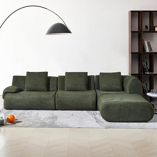 118" Modular Sectional Sofa with Movable Ottoman, 3-Seater Modern Teddy Velvet L-Shaped Couch, Convertible Cloud Sofa for Living Room, Sectional Boneless Couch