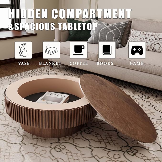 31.5'' Small Round Coffee Table with Storage, Fluted Coffee Table with Solid Wood Veneered, Mid Century Modern Wooden Center Table, Accent Tea Table for Small Space Living Room Apartment, Walnut