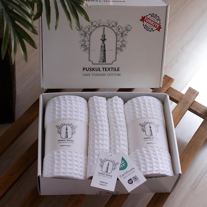 Püskül - Luxury Waffle Towel Set for Bathroom 4 Pieces White, Premium Quality Organic 100% Turkish Cotton 2 Hand and 2 Bath Towels Sets, Quick Dry Thin Waffle Towels, Made in Turkiye (White)