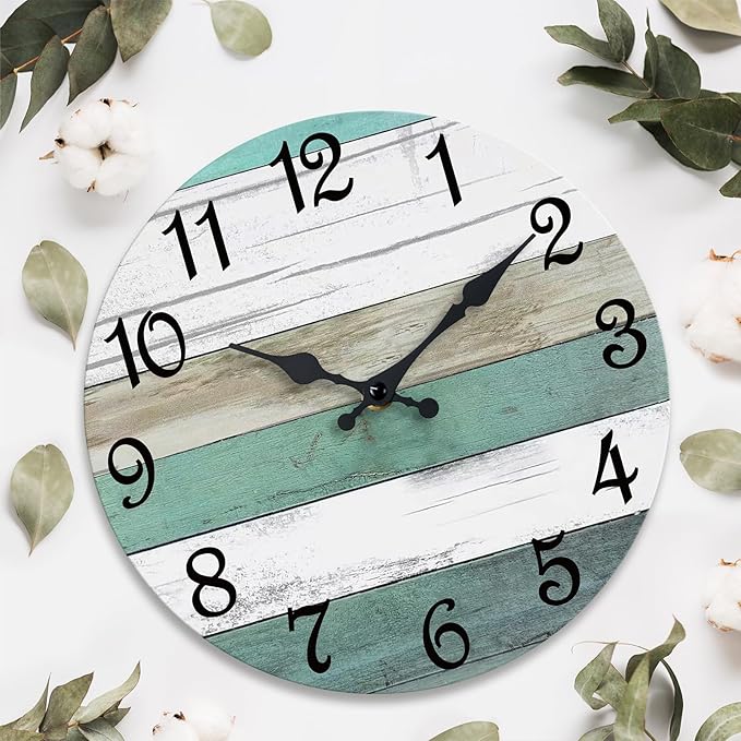 CHYLIN Wall Clock,10 Inch Silent Non Ticking Wall Clocks Battery Operated, Teal Turquoise Rustic Clock Decorative for Kitchen Bathroom Bedroom Living Room(Bronze White)