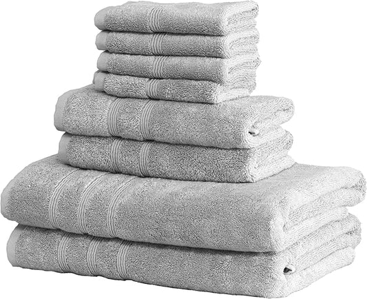 Mosobam Luxury Turkish 8pc Towel Set 30X58 16X30 13X13 Light Grey (Gray) 700 GSM Bamboo Viscose & Aegean Turkish Combed Cotton