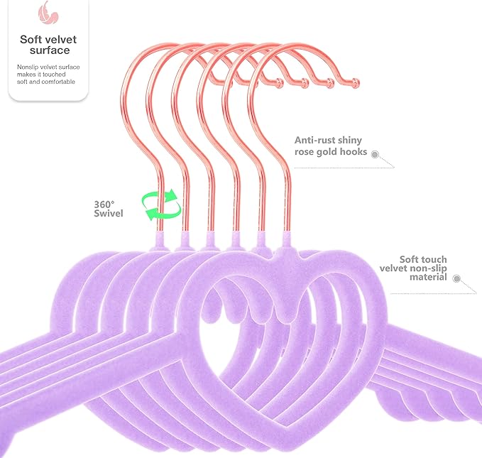 Light Purple Velvet Hangers 50 Pack, Premium Heart Hanger Non-Slip Felt Hangers, 360° Swivel Rose Gold Hooks, Space Saving Slim Hangars, Durable & Cute Clothes Hangers for Adult