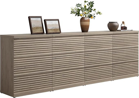 SICOTAS Buffet Cabinet with Storage, Modern Accent Sideboard Credenza with 3 Larger Drawers, Fluted Media Console Mid Century Coffee Bar Table for Living Room Kitchen, Grey Alder (4 Pieces)