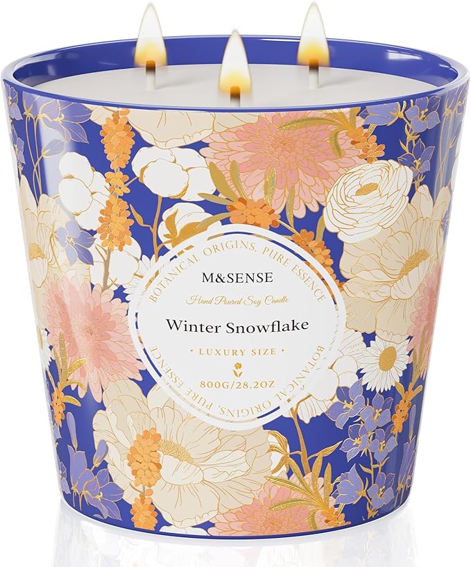 M&SENSE Winter Snow Flake Scented Candle, 28.2oz 3 Wick Natural Soy Wax Large Candles, Long Lasting Clean Slow Burning No Toxic Décor for Home Relaxation, Romantic Dates & Gift-Giving