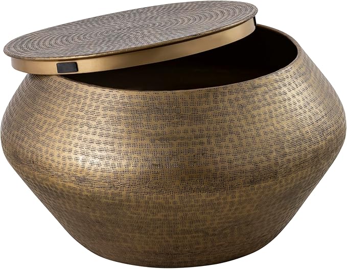 Albany Living Modern Cylindrical Aluminum Hammered Embossed Texturing, Metal Drum Coffee Table with Removable Lid for Storage,Fully Assembled, for The Living Room and Bedroom, Brass