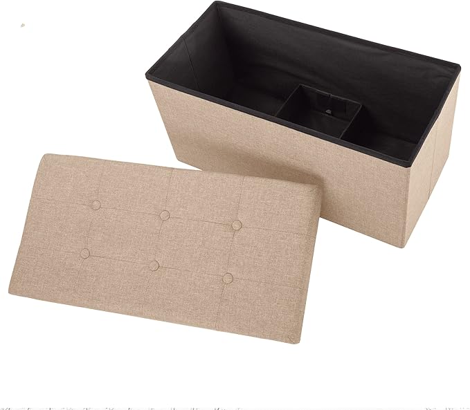 Folding Storage Ottoman - 30-Inch Tufted Footrest, Linen Chest, or Bench with Removable Bin for Living Room, Bedroom, or Dorm by Lavish Home (Beige)