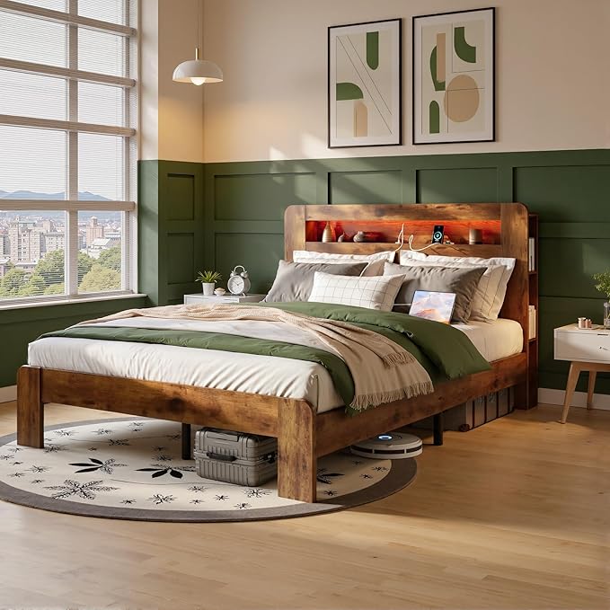 Queen Bed Frame with Headboard, Wooden Platform Bed Frame Queen Size with Bookcase Shelf, LED Lights, Charging Station, Heavy Duty Supports, No Box Spring Needed, Dark Brown