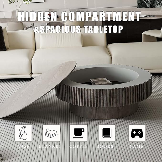 39'' Large Round Coffee Table with Storage, Fluted Coffee Table with Solid Wood Veneered, Mid Century Modern Wooden Center Table, Accent Tea Table for Living Room Apartment, Grey