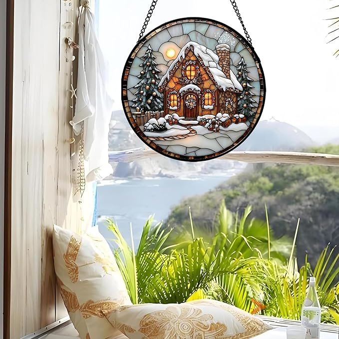 Stained Glass Window Hanging - Christmas Tree Cottage Sun Catcher for Door Garden Home Winter Decor Snowy Night Suncatcher Mother's Day Birthday Gifts for Women Men Mom Nana 11.8 in