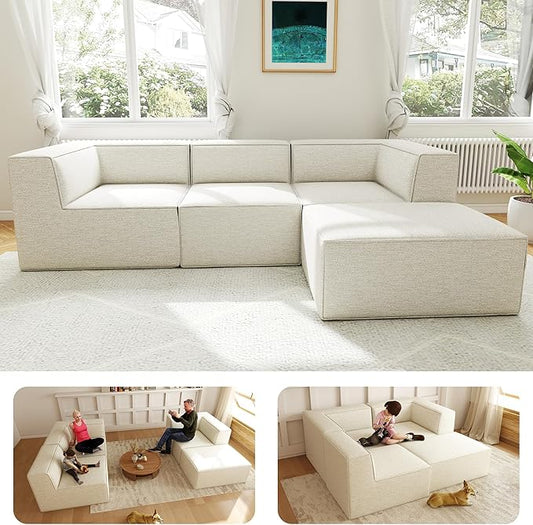 106" Sectional Compressed Sofa Modular Couches L-Shape with Chaise,High-Density Foam No Assembly Required,4-Piece(2xCorner 1xArmless 1xOttoman) for Living Room Chenille Beige