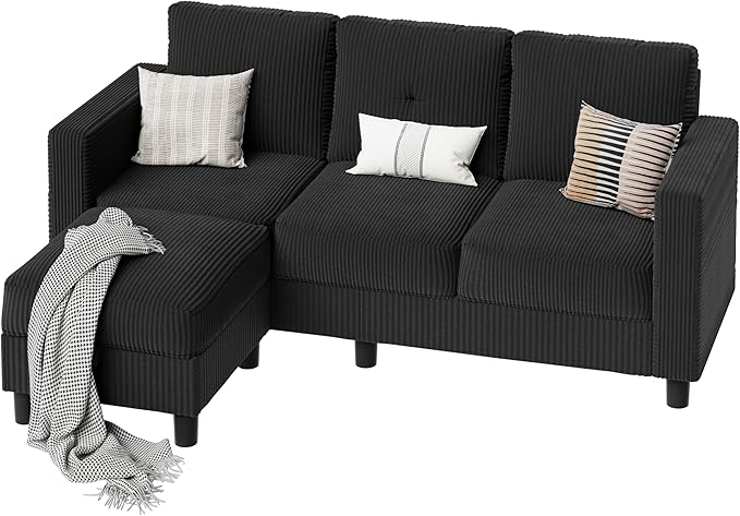 SUNLEI Convertible Sectional Couch Sofa for Small Spaces, L Shaped Modular Sofa with Removable Ottoman Storage, 3 Seat Modern Small Couches for Living Room in Apartment, Black