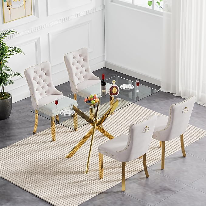 Goujxcy Glass Dining Table Set for 4, Modern Kitchen Table and Chairs Set of 4, 5-Piece Kitchen Dining Room Table Set w/51 Glass Gold Dining Table and 4 Beige Velvet Upholstered Chairs