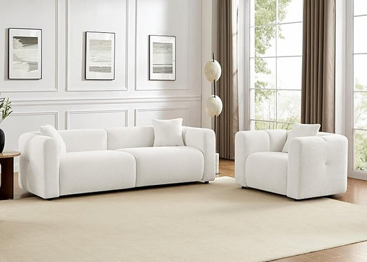 VANOMi Living Room Furniture Sets Include 95" Sofa & 42" Armchairs, Boucle Upholstered Oversized Couch with Pillows, Living Room Furniture Set for Bedroom Apartment (White, 1 Sofa+1 Chair)