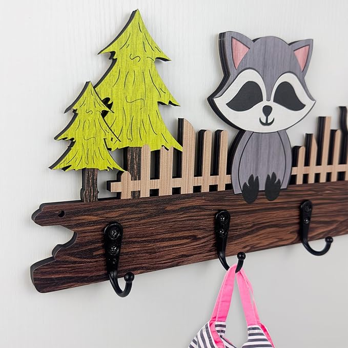 Dog Leash Holder for Wall Mount, Farmhouse Wooden Dog Claw Hooks, Paws Key Rack Accessories for Rustic Home Decor (Raccoon)