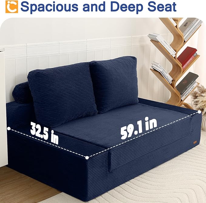 COMAX Convertible Sofa Bed Queen, Folding Floor Couch Corduroy Fold Out Couch Bed Sleeper Mattress with Back Pillows, Boneless Pull Out Loveseat Comfy Futon Lounge for Living Room Bedroom, Navy Blue