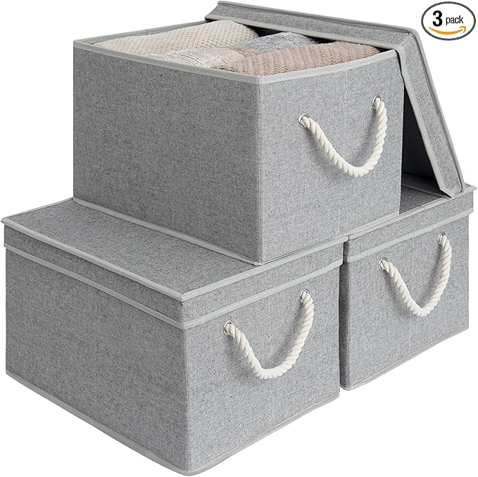 StorageWorks Storage Bins with Lids, Decorative Storage Boxes with Lid and Soft Rope Handles, Foldable Storage Baskets for Closet, Shelves, Stackable, 3-Pack, Gray, Jumbo