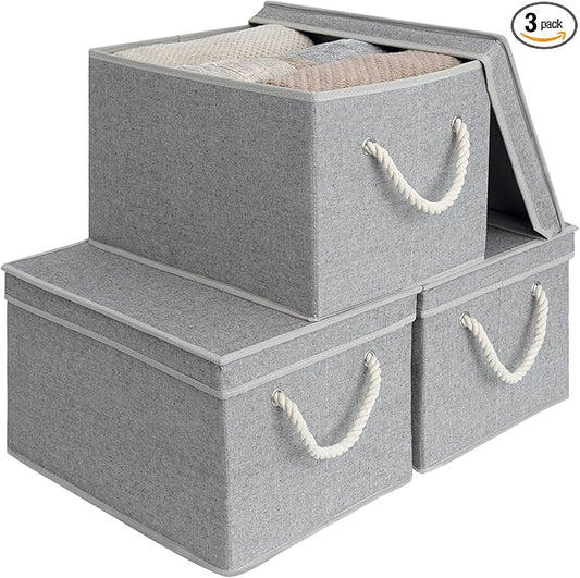 StorageWorks Storage Bins with Lids, Decorative Storage Boxes with Lid and Soft Rope Handles, Foldable Storage Baskets for Closet, Shelves, Stackable, 3-Pack, Gray, Jumbo
