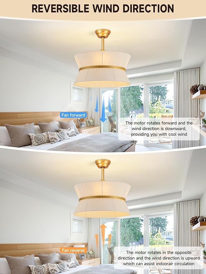 Boho Fandelier Ceiling Fan with Light and Remote Rattan Chandelier Fan Fabric Chandelier Fan Gold Caged Ceiling Fan with Light for Bedroom, Living Room Nursery Foyer Kitchen（ Timing Adjustable Height）