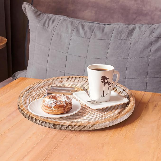 Rustic Wooden Serving Tray Set of 2 Round Wood Decorative Tray Centerpiece Dining Room Table Farmhouse Platter for Food, Fruit, and Coffee Great for Bed, Patio, Ottoman, Coffee Table, Kitchen or Party
