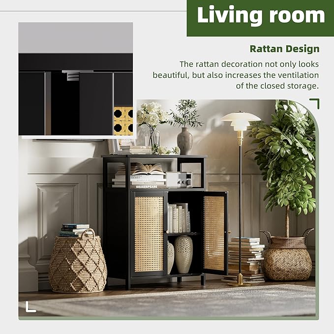 Bamboo Floor Rattan Cabinet, Bathroom Storage Organizer Rack with 2 Doors and 1 Shelf, Space Saving Wood Kitchen Cupboard, Hallway Side Table, Living Room Freestanding Stand (Black)
