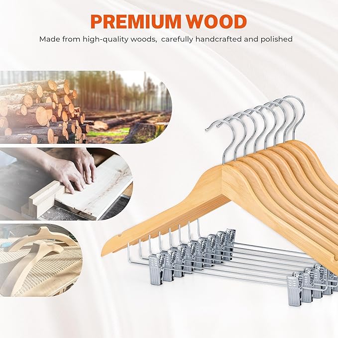 HOUSE DAY Wooden Hangers with Clips 48 Pack,Wooden Suit Hangers Skirt Hangers Solid Wood Pants Hangers Natural Smooth Finish Wood Hangers with Durable Metal Clips for Blouse, Dress, Coat, Jacket